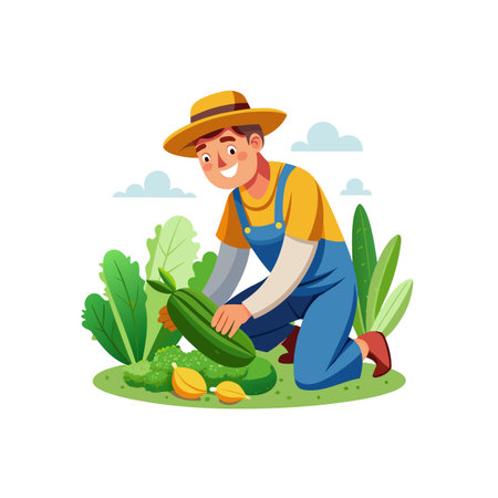 Smiling farmer harvests vegetables from his garden illustrationのイラスト素材