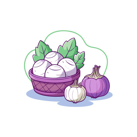 Cartoon style vegetable composition with onions and basilのイラスト素材