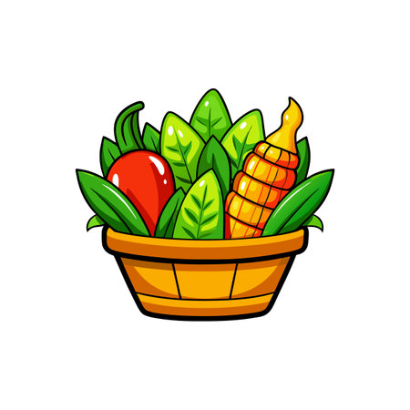 Cartoon vegetable basket with corn tomato and green leavesのイラスト素材