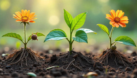 Close up of orange flower seedling growing from soil with sunlight background