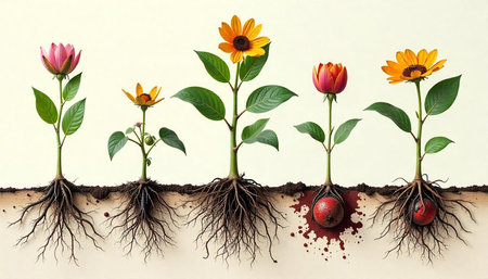 Planting flowers with roots and soil, concept of new life.