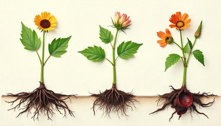 Conceptual image of plant growth with roots and flowers on white background