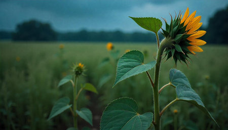 Sunflower on the field in the evening. Selective focus.の写真素材