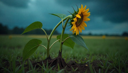 Sunflower growing in a field with dark clouds in the background.の写真素材
