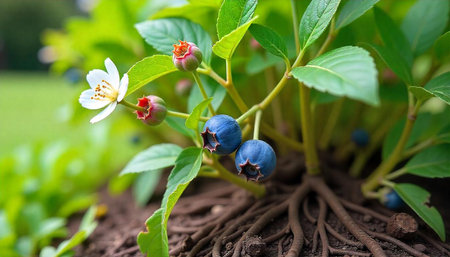 Blueberry plant growing in the garden, close-up, shallow depth of fieldの写真素材