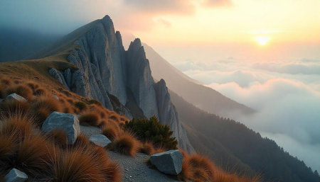 Sunrise in the mountains. Sunrise in the mountains. Misty mountain landscape.
