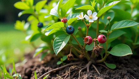 Blueberry bush with berries in the garden. Shallow depth of field.