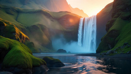 Famous Skogafoss waterfall in south Iceland at sunrise.
