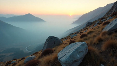 Mountain landscape with fog in the morning. Sunrise in the mountains