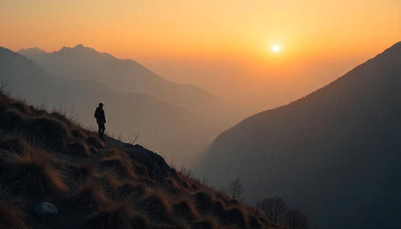 Silhouette of a hiker at sunset in the mountains.