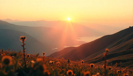 Sunset in the mountains with sunflowers and mountains in the background