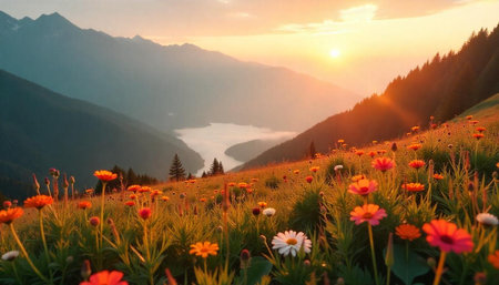 Sunset in the mountains with flowers and fog. Beautiful summer landscapeの写真素材