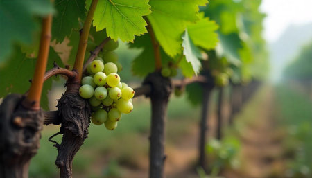 Bunch of green grapes in vineyard. Vineyard in autumnの写真素材