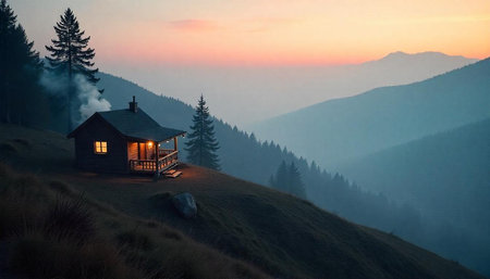 Cottage in the mountains at sunset.