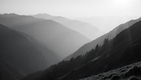 Mountain landscape in the morning mist. Black and white photo.