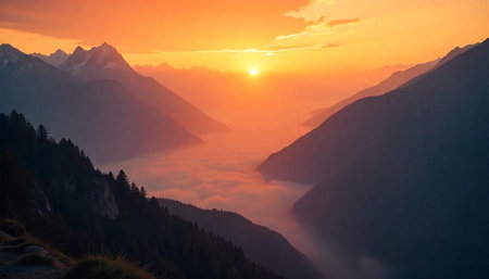 Sunset in the mountains of the Alps. Foggy morning in the mountains.