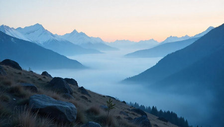 Foggy morning in the swiss alps, Switzerland.