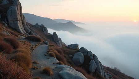 Mountain landscape. Sunrise in the mountains. Fog over the valley.