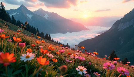 Beautiful alpine meadow with blooming flowers in the mountains at sunset