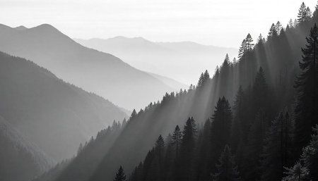 Morning fog in the Carpathian mountains. Black and white photo.