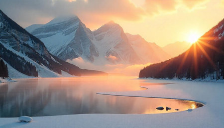 Fantastic winter landscape with snow covered lake and mountains at sunsetの写真素材