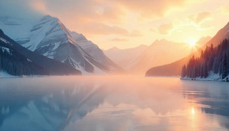 Sunrise over Lake Louise, Banff National Park, Alberta, Canadaの写真素材