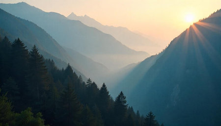 Sunset in the mountains with fog and sunbeams.