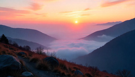 Beautiful sunrise in the Carpathian mountains. Ukraine, Europe.