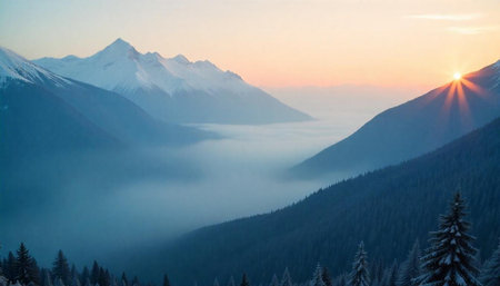 Sunrise in winter mountains. Beautiful alpine landscape with fog and sun