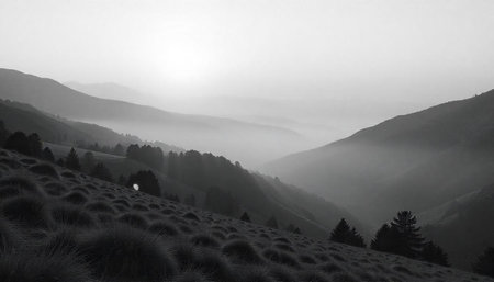 Sunrise in the Carpathian mountains. Black and white photo.