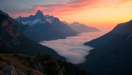 Sunset in the mountains of the Swiss Alps with clouds in the foreground
