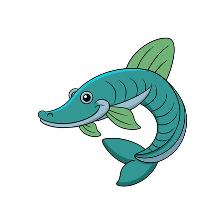 Cartoon illustration of smiling turquoise sturgeon with green finsのイラスト素材