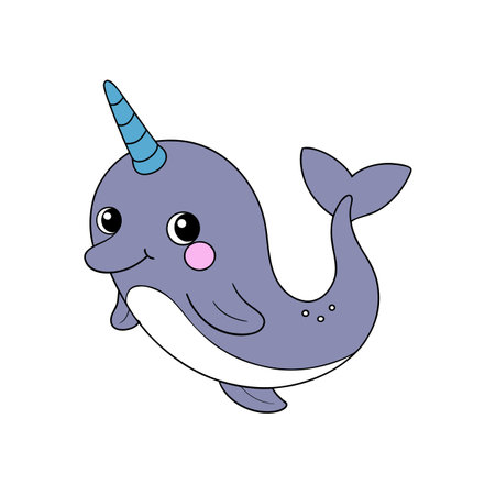 Cute cartoon narwhal vector illustration with black outline isolatedのイラスト素材