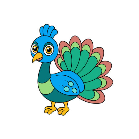 Cartoon peacock illustration with colorful feathers and happy expressionのイラスト素材