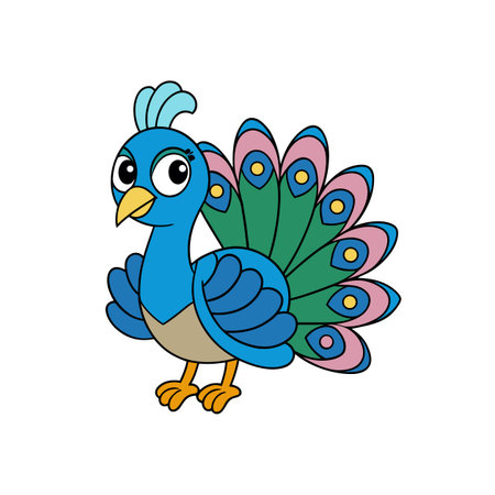 Cartoon peacock illustration with vibrant plumage against white backdropのイラスト素材
