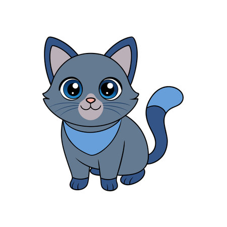 Cute cartoon cat wearing blue scarf, sitting attentivelyのイラスト素材