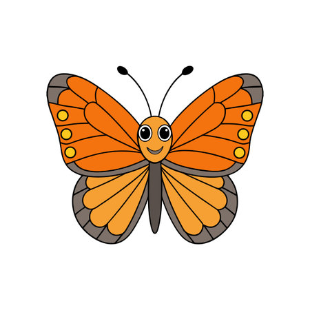 Cartoon butterfly illustration with orange wings and happy faceのイラスト素材
