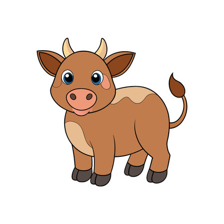 Cartoon illustration of a cute brown cow standing calmlyのイラスト素材