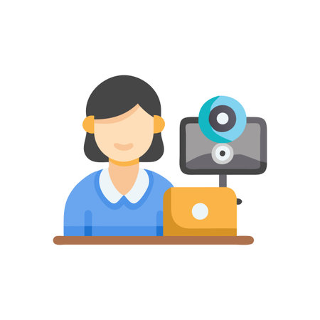 Woman with video camera icon in flat color style. Computer technology communicationのイラスト素材