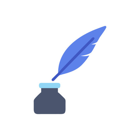 Feather pen and inkpot icon in flat color style. Writing toolのイラスト素材