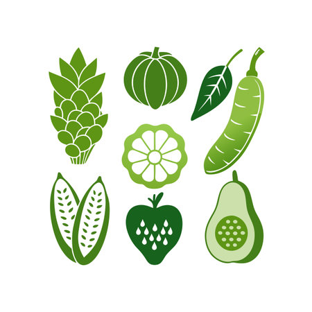 Set of fruits and vegetables icons. Vector illustration in flat style.のイラスト素材