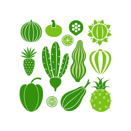 Fruits and vegetables icons set in flat style. Vector illustration.のイラスト素材