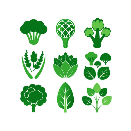 Set of green vegetable icons. Broccoli, cauliflower, broccoli, cabbage, eggplant, spinach, broccoli.のイラスト素材