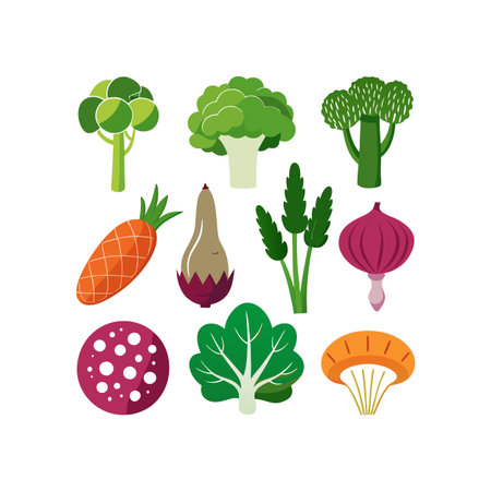 Vegetables set. Broccoli, cauliflower, beetroot, carrot, onion, potato, eggplant, radish, cucumber, tomato, pepper, broccoli. Flat style vector illustration.のイラスト素材
