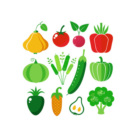 Fruits and vegetables icons set. Vector illustration in flat style.のイラスト素材