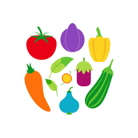 Vegetables icons set in flat style on a white background. Vector illustrationのイラスト素材