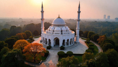 Aerial view of serene mosque at warm sunrise scenery