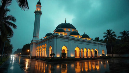 Majestic mosque architecture reflecting on wet pavement at dusk