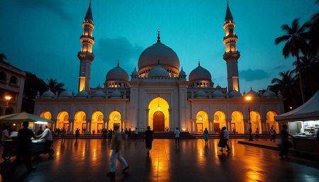 Majestic Mosque at Dusk with Golden Lighting and People