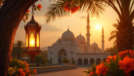 Ramadan lantern at sunset with distant mosque view